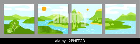 Paysages d'été et collines verdoyantes. Décor abstrait plat design minimaliste pour affiche, couverture, carte postale, brochure de couverture de livre, typographie de modèle. Illustration vectorielle de la saison d'été Illustration de Vecteur