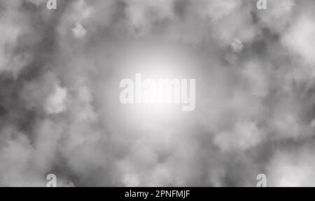 Nuages blancs moelleux avec une lumière vive qui brille à partir de l'arrière-plan central. Banque D'Images