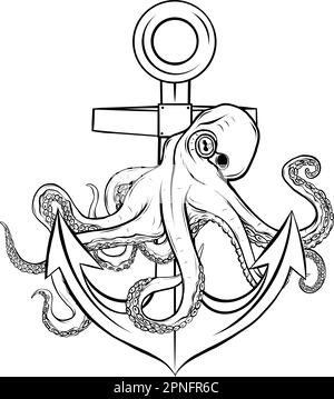 Octopus monochrome vintage et illustration isolée d'ancrage de navire, vecteur Illustration de Vecteur
