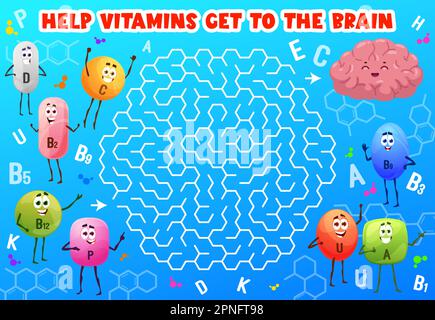 Labyrinthe labyrinthe de labyrinthe de jeu de la vitamine ou des caractères micronutriments. Jeu de société vectoriel Kid avec D, C, B2 et B12, P, B9 U ou Une capsule de recherche co Illustration de Vecteur