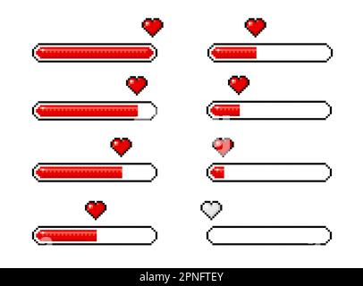 Barres de chargement de coeur de pixel pour les icônes de jeu 8 bits vecteur vidéo arcade actifs. Barre de progression de chargement de coeur de pixel avec demi-charge, pleine et vide, jeu vidéo Illustration de Vecteur