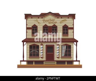 Bâtiment de la ville du salon de coiffure Western Wild West. Dessin animé ancienne maison en bois de vecteur salon de cheveux avec poteau de barbershop rétro, ciseaux de coiffeur et peigne vin Illustration de Vecteur