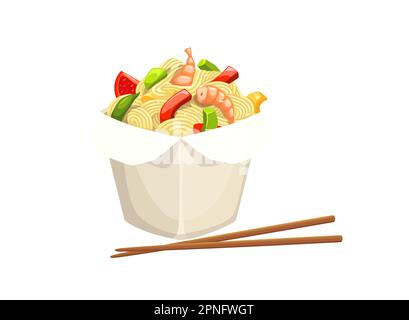 Boîte de nouilles au wok de dessin animé avec baguettes, repas rapide à emporter vectoriel de cuisine chinoise. Récipient à emporter en papier blanc avec pâtes de fruits de mer asiatiques, wok ric Illustration de Vecteur