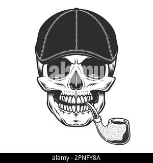 Crâne pipe fumeur dans gangster gatsby tweed chapeau plat chapeau illustration vintage Illustration de Vecteur