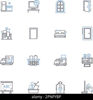 Collection d'icônes de la table de nuit. Tiroir, lampe, alarme, Livre, sans fil, Chargement, organisateur vectoriel et illustration linéaire. Petit, confortable, contour de plateau Illustration de Vecteur
