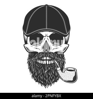 Tuyau de fumage crâne avec barbe et moustache en gangster gatsby tweed chapeau plat casquette vintage illustration vectorielle Illustration de Vecteur