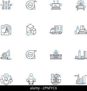Collection d'icônes d'usine de fabrication. Assemblage, production, opérations, approvisionnement, efficacité, Machine, vecteur logistique et illustration linéaire Illustration de Vecteur