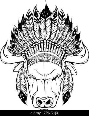 Illustration vectorielle de Bison monochrome avec plumes. Illustration de Vecteur