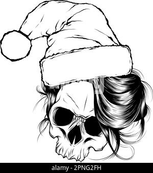 dessin monochrome d'un crâne de père noël d'horreur avec pompon de chapeau. Illustration de Vecteur