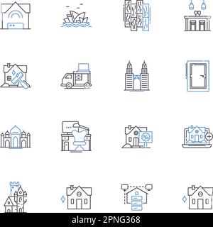 Collection d'icônes de lignes de chalets. Rustique, confortable, retraite, pittoresque, Lodge, Alpine, vecteur cheminée et illustration linéaire. Panneaux indiquant les contours des pistes de ski, de neige et de cabine Illustration de Vecteur