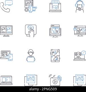 Collection d'icônes de ligne d'ondes radio. Fréquence, amplification, antenne, transmission, réception, Modulation, vecteur de spectre et illustration linéaire Illustration de Vecteur