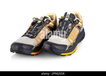 Associez les chaussures de course à pied Salomon GTX sur fond blanc. Banque D'Images