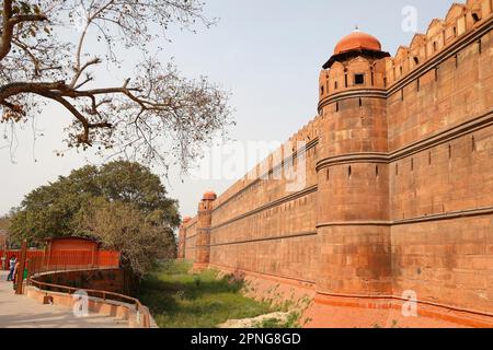 Fossé et mur extérieur du fort Rouge, site du patrimoine mondial de l'UNESCO, Delhi, Inde Banque D'Images