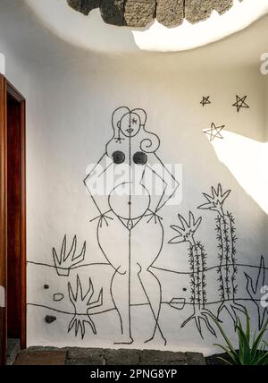 Enseigne artistique aux toilettes pour femmes, jardin de Cactus, Cesar Manrique, Lanzarote, îles Canaries, Espagne Banque D'Images