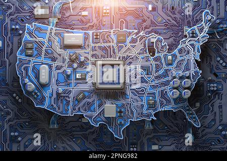 Industrie américaine des semi-conducteurs, fabrication de puces informatiques et intelligence artificielle. Carte mère avec processeur sous forme de carte de United Banque D'Images