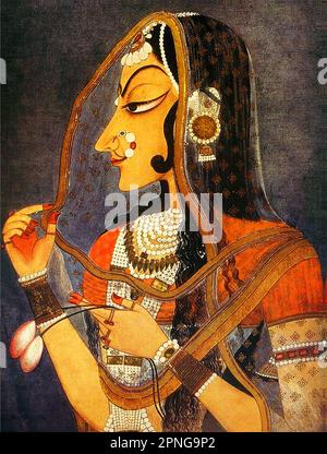 Inde: Bani Thani, 'Dame de la mode', une célèbre peinture Rajasthani de l'école de Kishangarh appelée parfois 'Inde's Mona Lisa'. Peinture miniature par Nihâl Chand (1710-1782), c. 1750s. Kishangarh Painting est apparu comme un style distinctif au milieu du 18th siècle sous le patronage de Maharaja Sawant Singh. Nihal Chand, artiste doué de la cour du Maharaja, a produit des œuvres hautement individualistes et sophistiquées. Les principales caractéristiques des peintures de Kishangarh étaient l'allongement des visages humains, l'utilisation somptueuse du vert et la représentation de paysages panoramiques. Banque D'Images