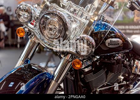 Phare d'une Harley-Davidson Heritage Classic, House of Flames, stand d'exposition Haley Davidson Motorcycles, moto internationale Imot Banque D'Images