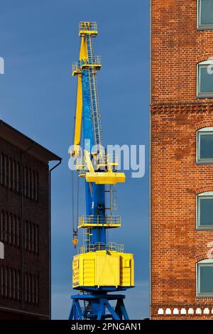 Grue derrière les entrepôts historiques, Vieux Port, ville hanséatique de Wismar, Mecklembourg-Poméranie occidentale, Allemagne Banque D'Images