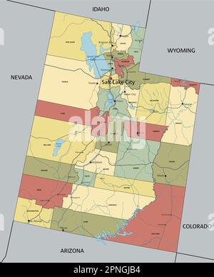 Utah - carte politique modifiable très détaillée avec étiquetage. Illustration de Vecteur