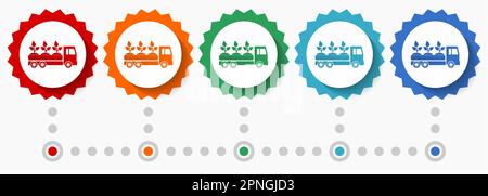 Ensemble d'icônes vectorielles pour camions, plantes et arbres, modèle d'infographie coloré, ensemble d'icônes de badge à motif plat en 5 couleurs Illustration de Vecteur
