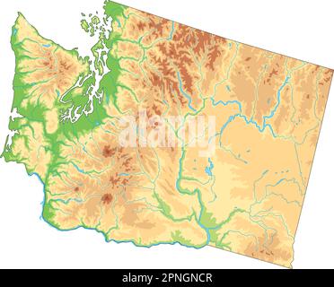 Carte physique très détaillée de Washington. Illustration de Vecteur