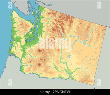 Carte physique très détaillée de Washington. Illustration de Vecteur