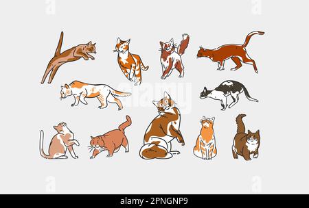 Collection d'art vectoriel abstrait à la main avec adorable adorable personnage de dessin animé drôle de chat. Illustration vectorielle de drôle de dessin animé joli chat Illustration de Vecteur