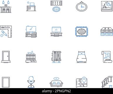 Collection d'icônes de la gamme de meubles. Canapé, lit, chaise, table, bureau, Ottomane, vecteur de bascule et illustration linéaire. Armoire, étagère, contour fauteuil Illustration de Vecteur