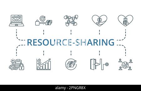 Ensemble de contours de partage de ressources. Icônes créatives : plateforme de financement, liquidité, collaboration, don, don en ligne, propriété intellectuelle, recettes Illustration de Vecteur