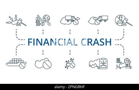 Définition du schéma de l'accident financier. Icônes créatives : sanctions, crise financière, interdiction d'exportation, interdiction d'importation, impeachment, crise logistique, embargo, trafic aérien Illustration de Vecteur