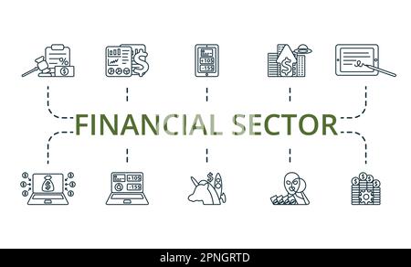 Ensemble de contours du secteur financier. Icônes créatives : réglementation fiscale, analyse des données financières, banque numérique, avenir de l'argent, signature électronique Illustration de Vecteur