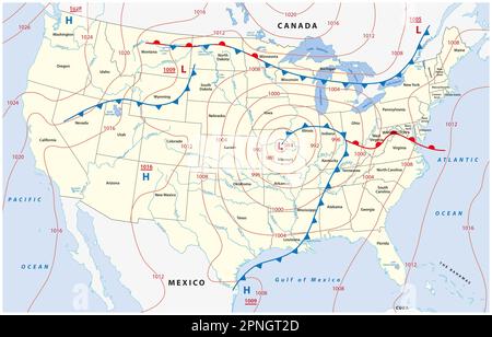 Carte fictive de l'Amérique du Nord avec des isobares et des fronts météorologiques. Prévisions météorologiques. Banque D'Images