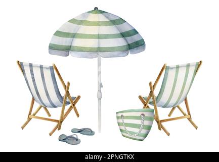 Aquarelle dessinée à la main. Accessoires de plage à rayures, parasols et chaises sur le sable. Isolé sur fond blanc. Décoration murale, mariage Banque D'Images