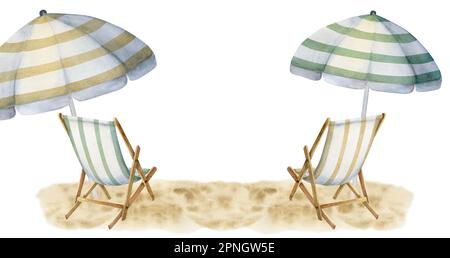 Aquarelle dessinée à la main. Accessoires de plage à rayures, parasols et chaises sur le sable. Isolé sur fond blanc. Décoration murale, mariage Banque D'Images