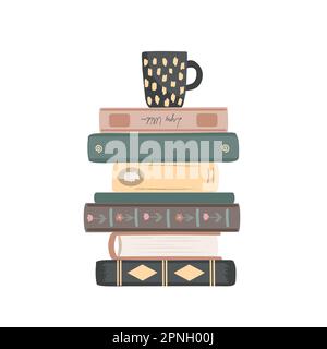 Pile de livres vintage avec une tasse sur le dessus. Composition de livres sur pied isolée sur fond blanc. Bibliothèque personnelle. Illustration vectorielle Illustration de Vecteur
