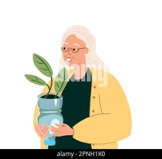 Jardinier Old Woman Upcycling bouteilles en plastique coupant utilisé jar pour planter des semis, plantes, fleurs.jardinage vertical. Illustration du recyclage, reuti Banque D'Images