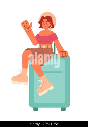 Femme avec valise en vacances d'été semi plat coloré personnage vecteur Illustration de Vecteur