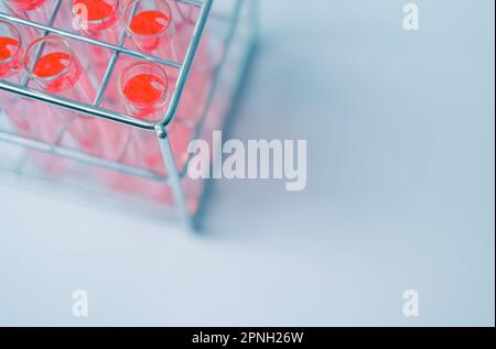 Tube à essai rempli de produits chimiques rouges pour laboratoire expérimental en chimie. Verrerie dans la recherche médicale. Laboratoire scientifique pour Biotechnolog Banque D'Images