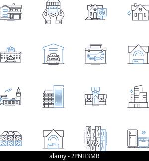 Collection d'icônes des lignes de services B&B. Confortable, charmant, confortable, rustique, Serene, Scénario pittoresque et intime et illustration linéaire. Historique Illustration de Vecteur