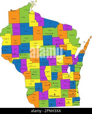 Carte politique colorée du Wisconsin avec des couches clairement étiquetées et séparées. Illustration vectorielle. Illustration de Vecteur