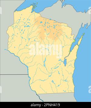 Carte physique du Wisconsin très détaillée. Illustration de Vecteur