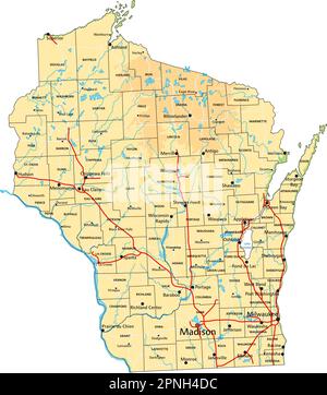 Carte physique Wisconsin haute précision avec étiquetage. Illustration de Vecteur