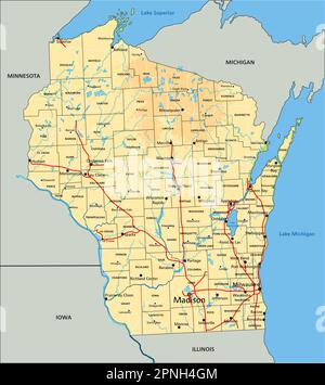 Carte physique Wisconsin haute précision avec étiquetage. Illustration de Vecteur