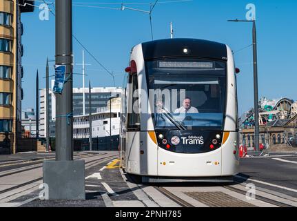 Leith, Édimbourg, Écosse, Royaume-Uni, 19th avril 2023. Trams à destination de Newhaven en cours d'exécution : les premiers trams à emprunter la ligne de tramway étendue pendant la journée ont commencé aujourd'hui pour tester l'itinéraire. Photo : un tramway passe devant 'Fingal Edinburgh', un hôtel flottant de luxe. Crédit : Sally Anderson/Alay Live News Banque D'Images
