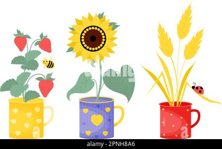 Collection de tasses d'été avec fleur, baies et insectes. Tournesol jaune, bouquet d'épillets avec coccinelle et branche avec fraises et abeille mignonne Illustration de Vecteur