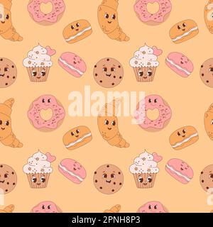 Motif rétro sans couture savoureux et groovy. Pâtisseries et desserts mignons sur fond jaune. Illustration vectorielle pour papier peint, design, textile, pack Illustration de Vecteur