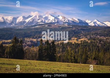 Panorama charmant des montagnes polonaises Tatra le matin. Vue sur les Hautes Tatras depuis le village de Lapszanka, Pologne. Banque D'Images