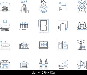 Collection d'icônes de ligne d'options d'hébergement. Hôtel, Hostel, Motel, Inn, Resort, Lodge, Guesthouse vecteur et illustration linéaire. Appartement, appartement Illustration de Vecteur