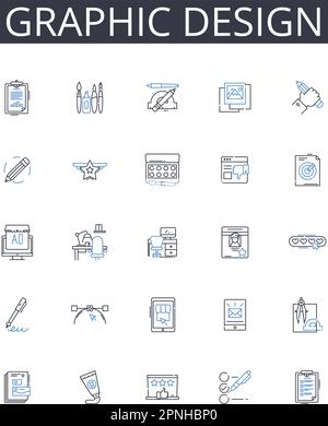 Collection d'icônes de ligne de conception graphique. Développement Web, conception de jeux, gestion des marques, art numérique, médias sociaux, Expérience utilisateur, stratégie publicitaire Illustration de Vecteur