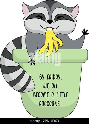 Icon sticker drôle, il ya un raton laveur dans la corbeille. Dessin animé. Vecteur. Caractères. Objets isolés. Illustration de Vecteur